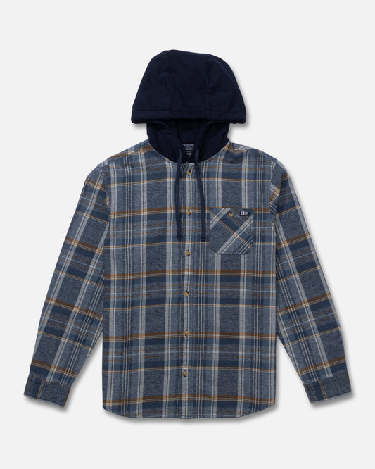 Front view of the Whitewash Hooded Flannel - Midnight Navy. 