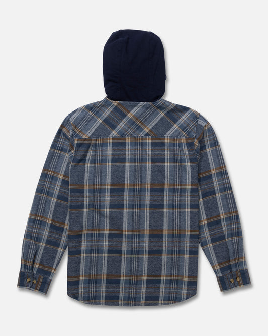 Back view of the Whitewash Hooded Flannel - Midnight Navy. 