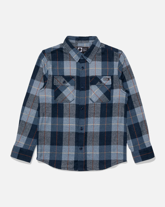 Daybreak Boys Flannel in blue plaid with two chest pockets and branded resin buttons.