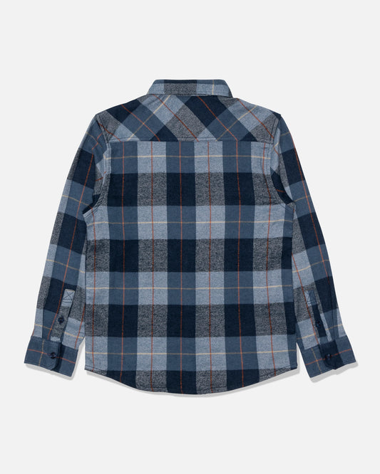Back view of Daybreak Boys Flannel in mid blue with yarn dyed plaid and brushed finish