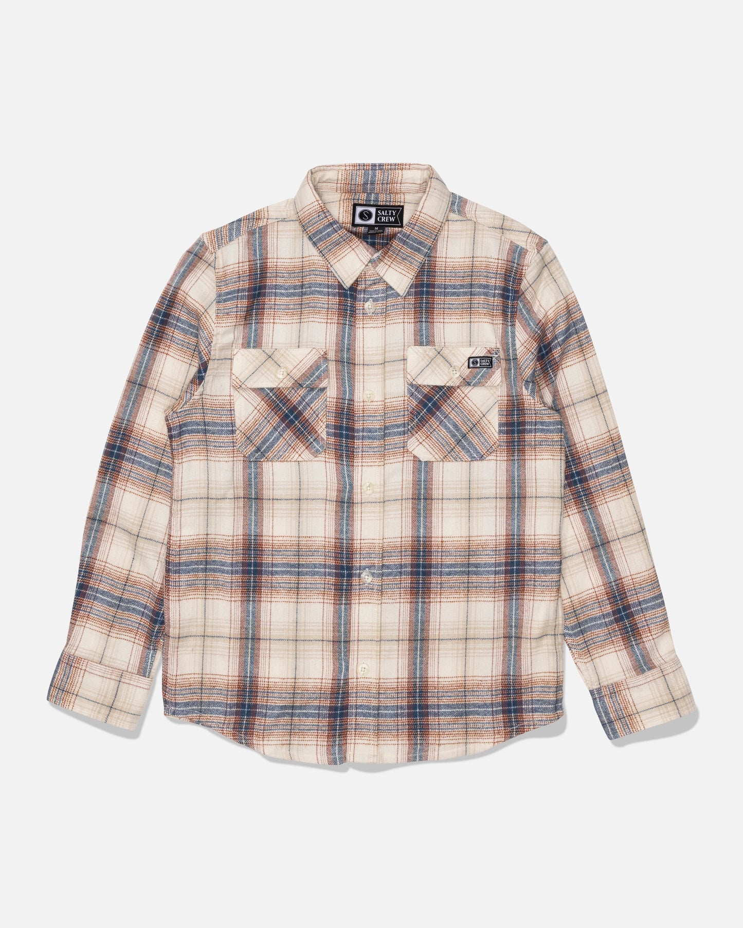 Introducing the Salty Crew Daybreak Boys Flannel in Off White—a long-sleeve, button-up shirt featuring a beige, blue, and red yarn-dyed plaid pattern. Crafted from a cotton-polyester twill and finished with a soft-hand garment wash, this shirt includes two chest pockets with button flaps and a classic collar.