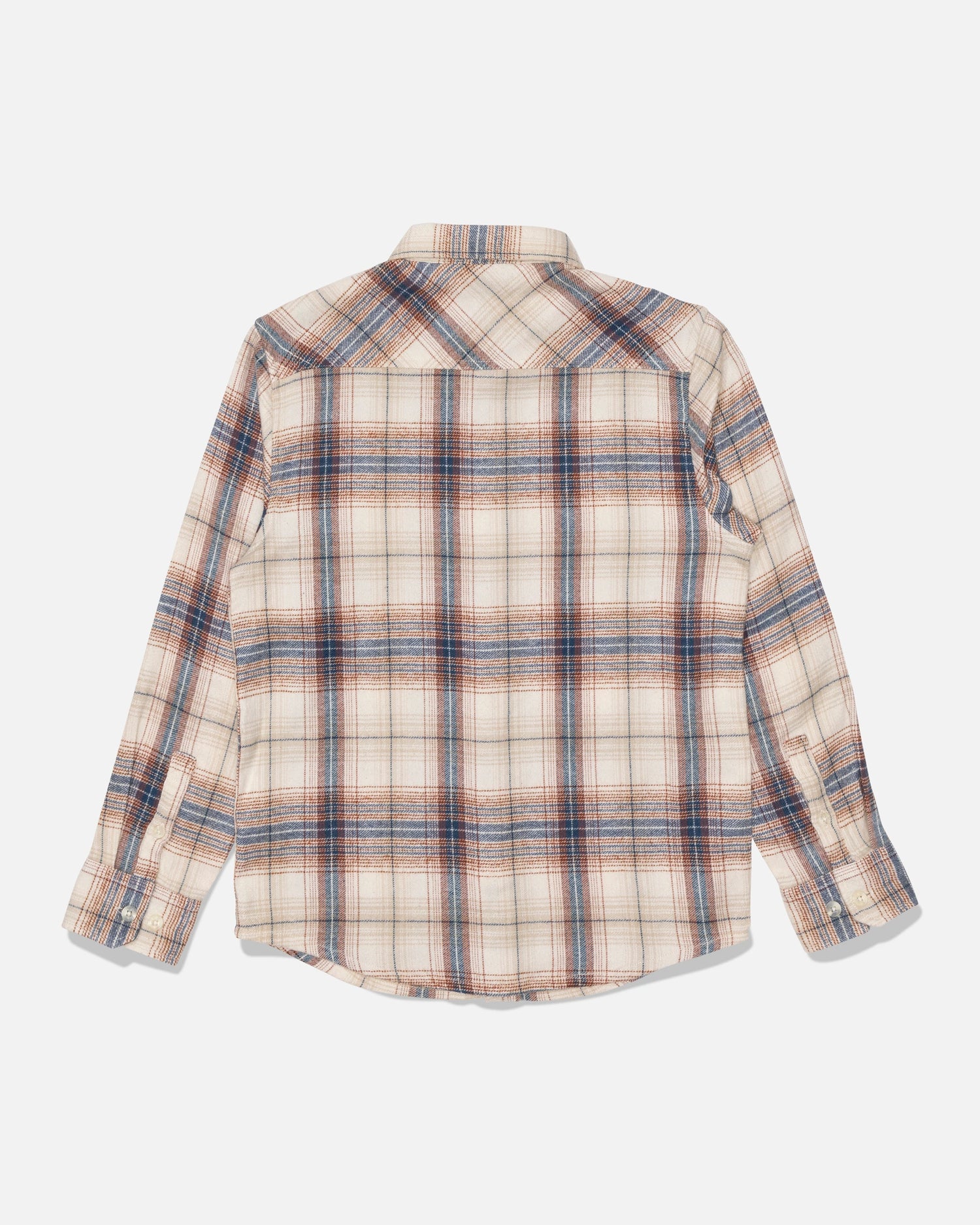 The Salty Crew Daybreak Flannel - Off White is displayed from the back on a white background, showcasing its long sleeves, button-up front, and beige, blue, and orange yarn-dyed plaid pattern. Made from mid-weight twill and finished with a soft hand garment wash, this shirt combines comfort with style.
