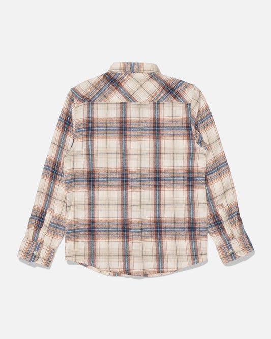 The Salty Crew Daybreak Boys Flannel in Off White is laid flat and shown from the back on a white background. Featuring a cream, blue, and red yarn-dyed plaid pattern, this long-sleeve button-up shirt is crafted from cotton polyester twill and finished with a soft hand garment wash for optimal comfort and style.