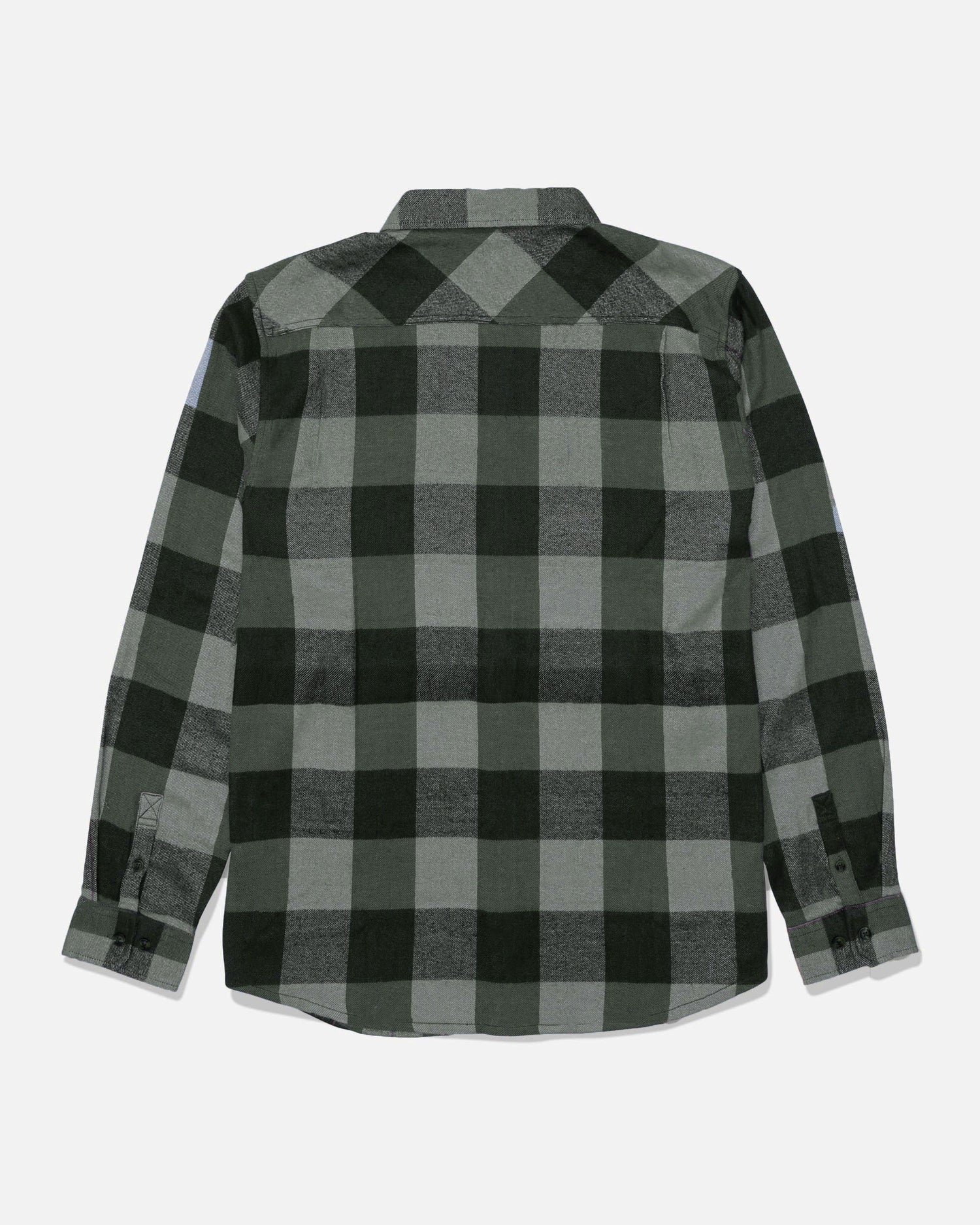 The Salty Crew Daybreak Flannel - Green/Black is a long-sleeve button-down shirt featuring a large green and black checkered, yarn-dyed plaid pattern, crafted from mid-weight twill and shown from the back on a white background.
