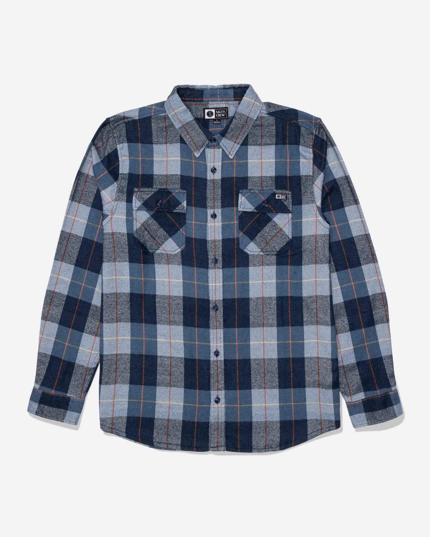 Salty Crew Daybreak Flannel - Mid Blue: A blue, gray, and white yarn-dyed plaid long-sleeve button-up shirt crafted from mid-weight twill, featuring two chest pockets and displayed flat on a white background.