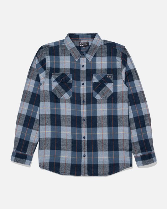 Salty Crew Daybreak Flannel - Mid Blue: A blue, gray, and white yarn-dyed plaid long-sleeve button-up shirt crafted from mid-weight twill, featuring two chest pockets and displayed flat on a white background.