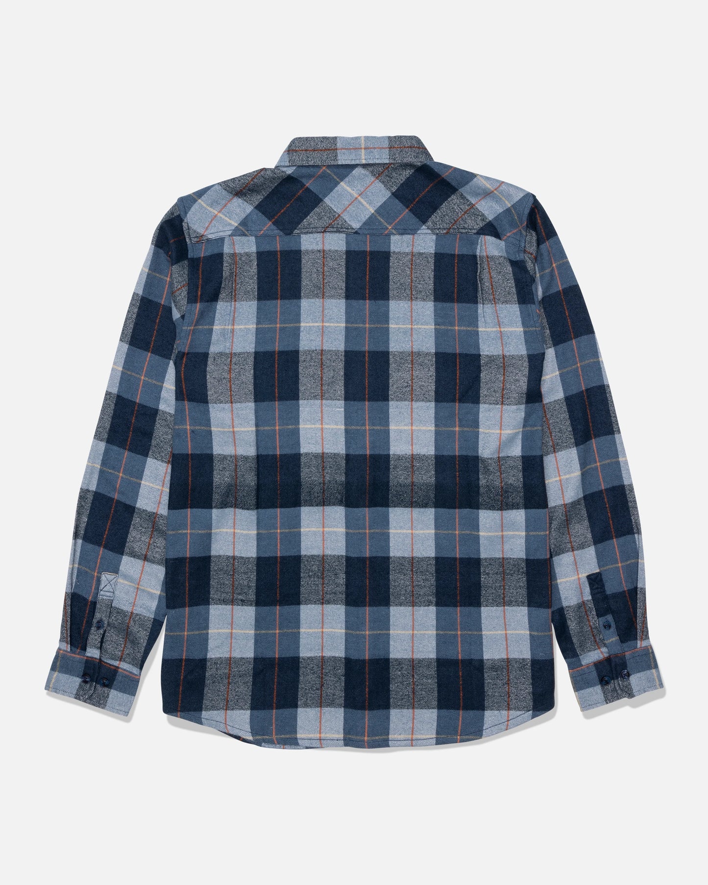 The Salty Crew Daybreak Flannel - Mid Blue is a long-sleeve shirt made from mid-weight twill, featuring a blue, gray, and black yarn-dyed plaid pattern. It is shown from the back against a white background.