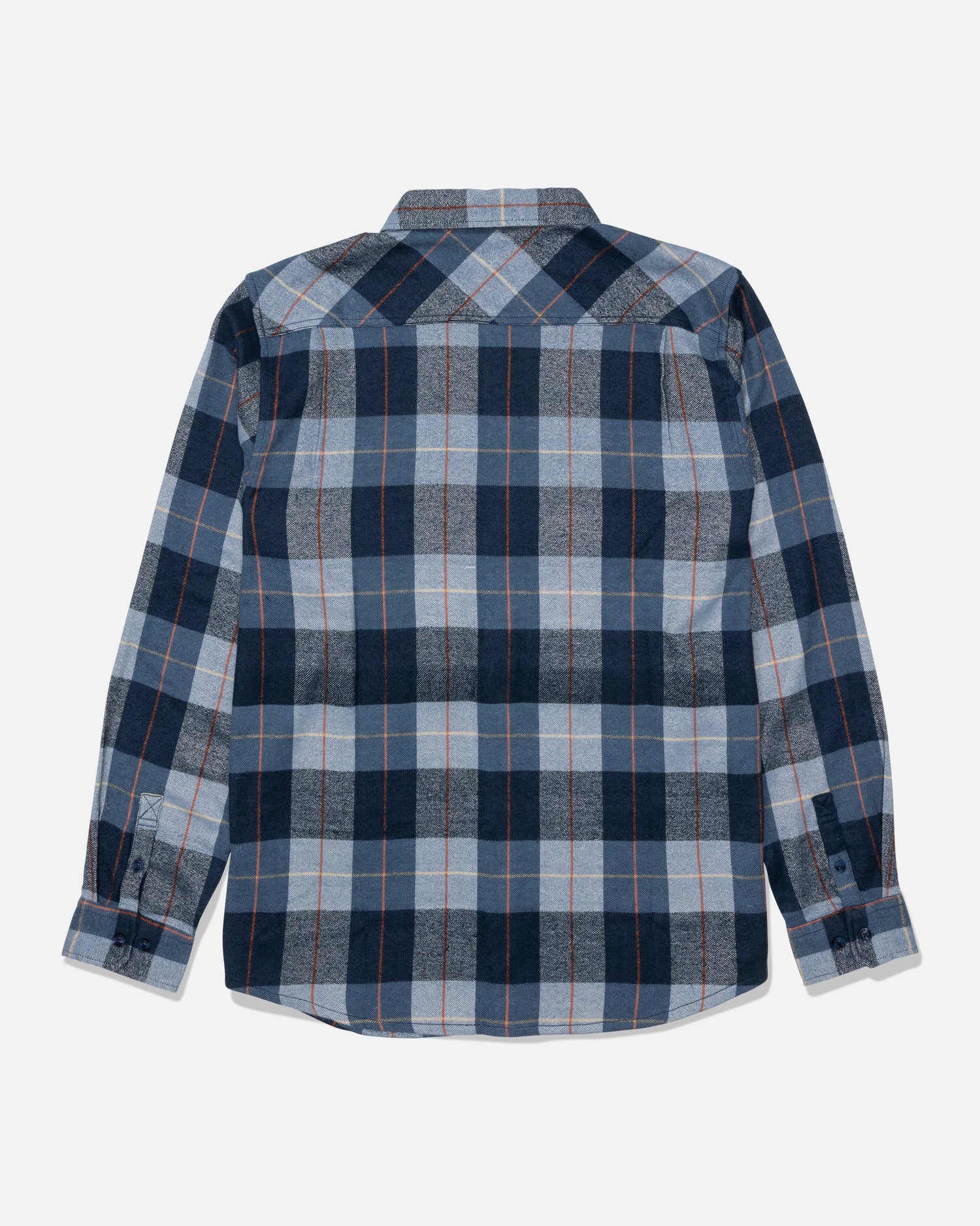 The Salty Crew Daybreak Flannel - Mid Blue is a long-sleeve shirt made from mid-weight twill, featuring a blue, gray, and black yarn-dyed plaid pattern. It is shown from the back against a white background.
