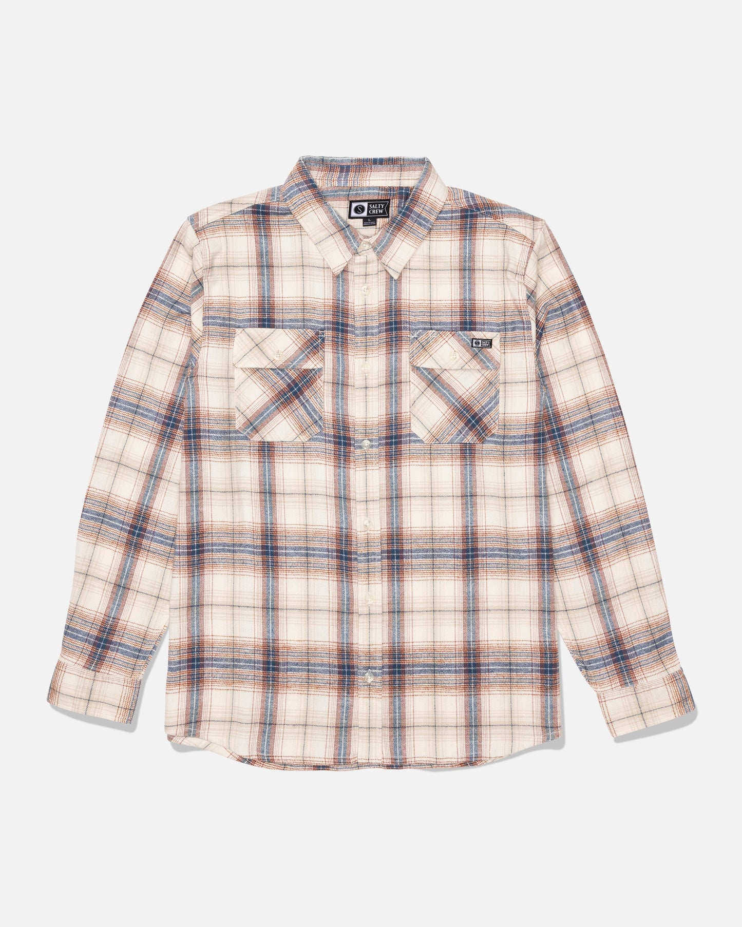 The Salty Crew Daybreak Flannel - Off White is a long-sleeved, button-up shirt made from mid-weight twill and showcases a beige, blue, and orange yarn-dyed plaid pattern. It features two chest pockets with button flaps and has been garment washed for a soft, comfortable feel.