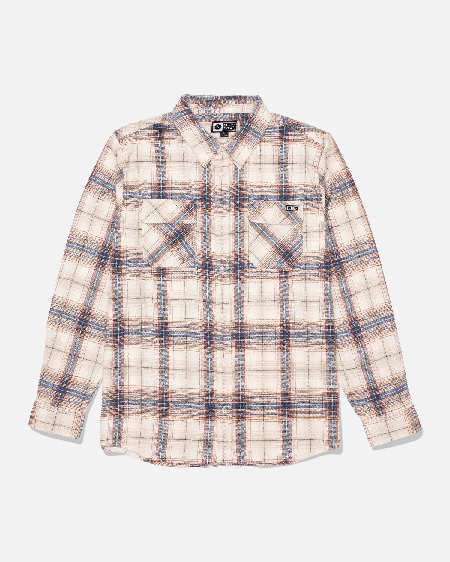The Salty Crew Daybreak Flannel - Off White is a long-sleeved, button-up shirt made from mid-weight twill and showcases a beige, blue, and orange yarn-dyed plaid pattern. It features two chest pockets with button flaps and has been garment washed for a soft, comfortable feel.