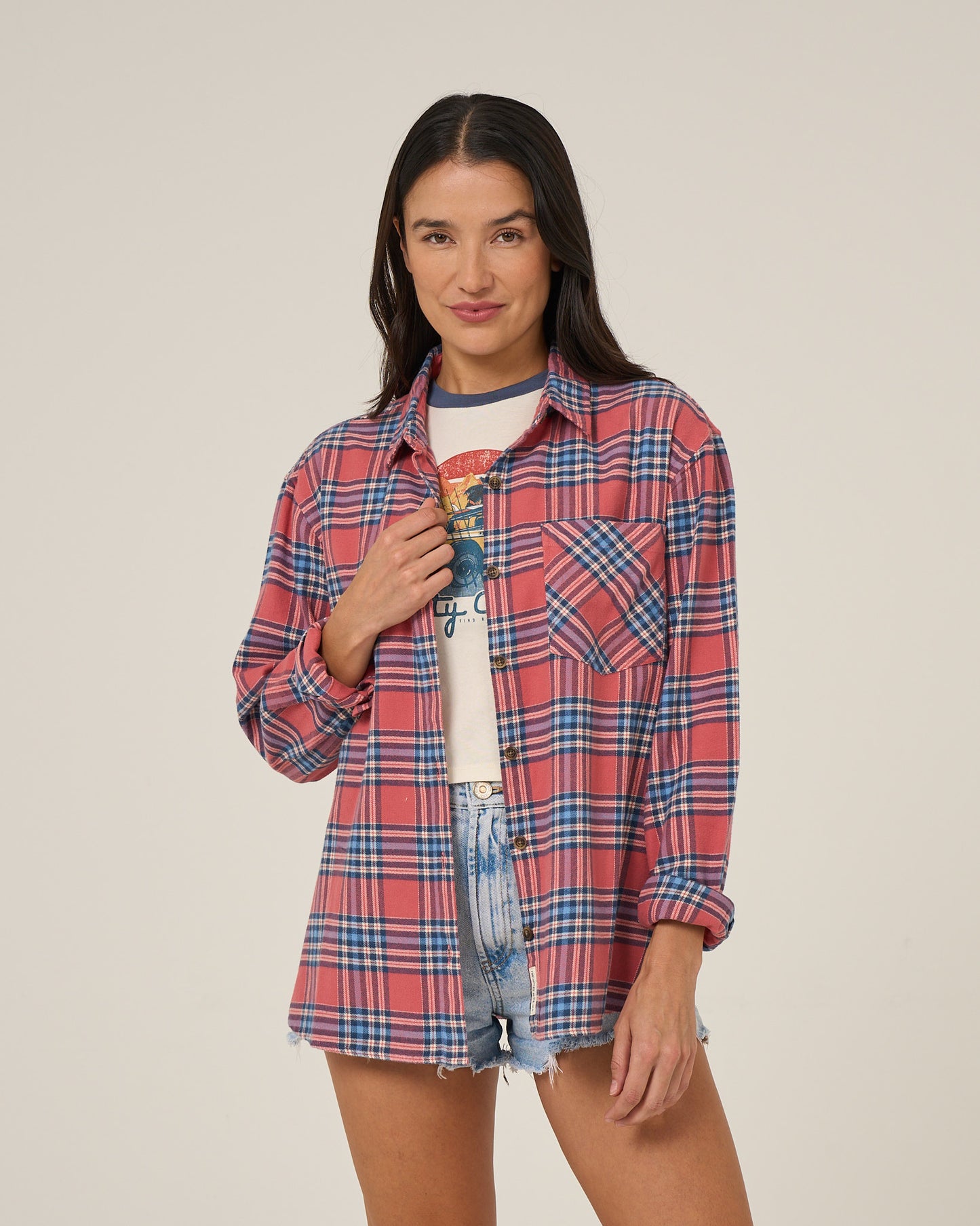 Front view of the Out West Flannel - Rose. 