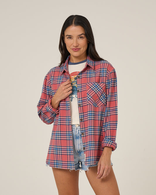 Front view of the Out West Flannel - Rose. 