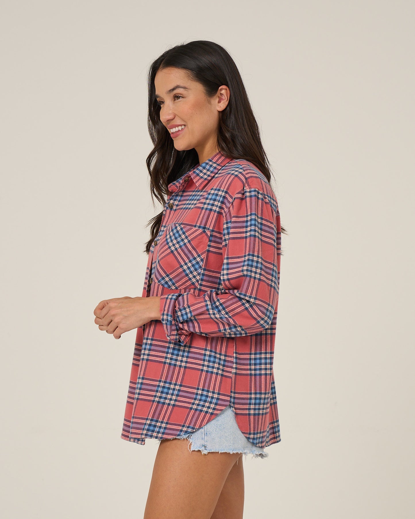 Profile view of the Out West Flannel - Rose. 