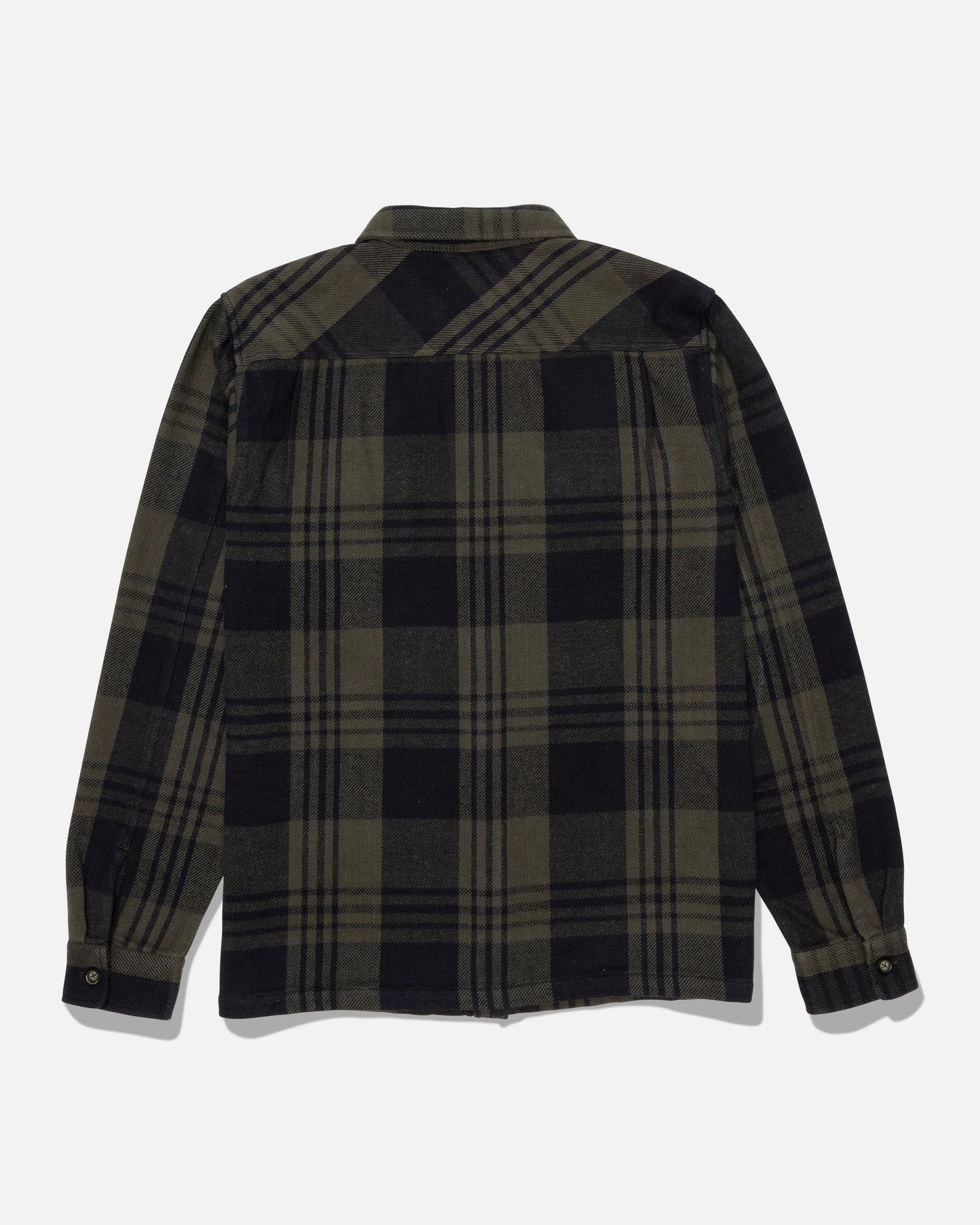 The Salty Crew Windward Flannel - Green/Black is a long-sleeve plaid shirt crafted from cotton heavyweight twill, featuring a single chest pocket, buttoned cuffs with branded resin buttons, and shown from the back in dark green and black.