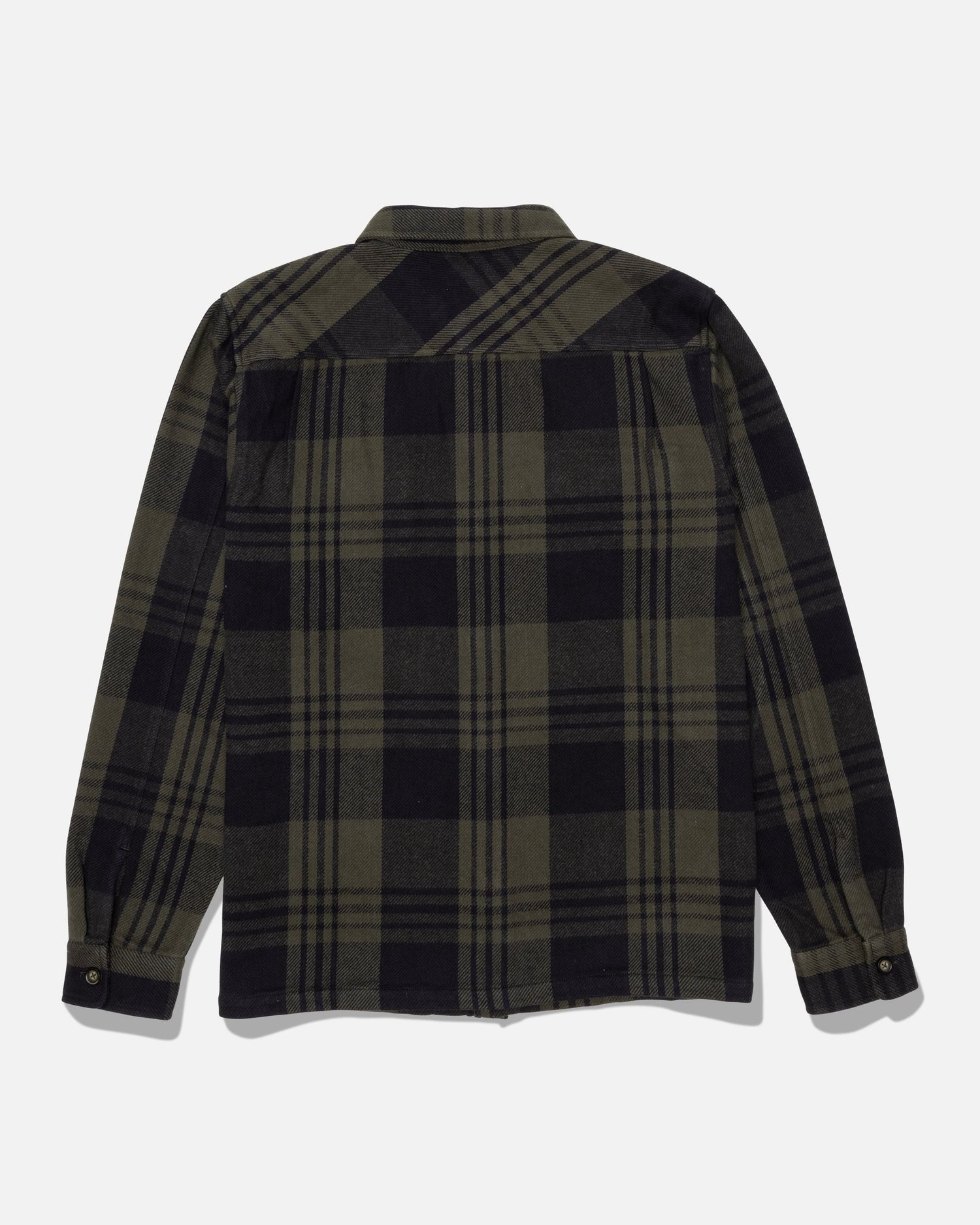 The Salty Crew Windward Flannel - Green/Black is a long-sleeve plaid shirt crafted from cotton heavyweight twill, featuring a single chest pocket, buttoned cuffs with branded resin buttons, and shown from the back in dark green and black.