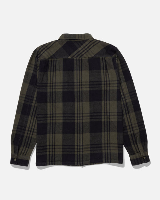 The Salty Crew Windward Flannel - Green/Black is a long-sleeve plaid shirt crafted from cotton heavyweight twill, featuring a single chest pocket, buttoned cuffs with branded resin buttons, and shown from the back in dark green and black.