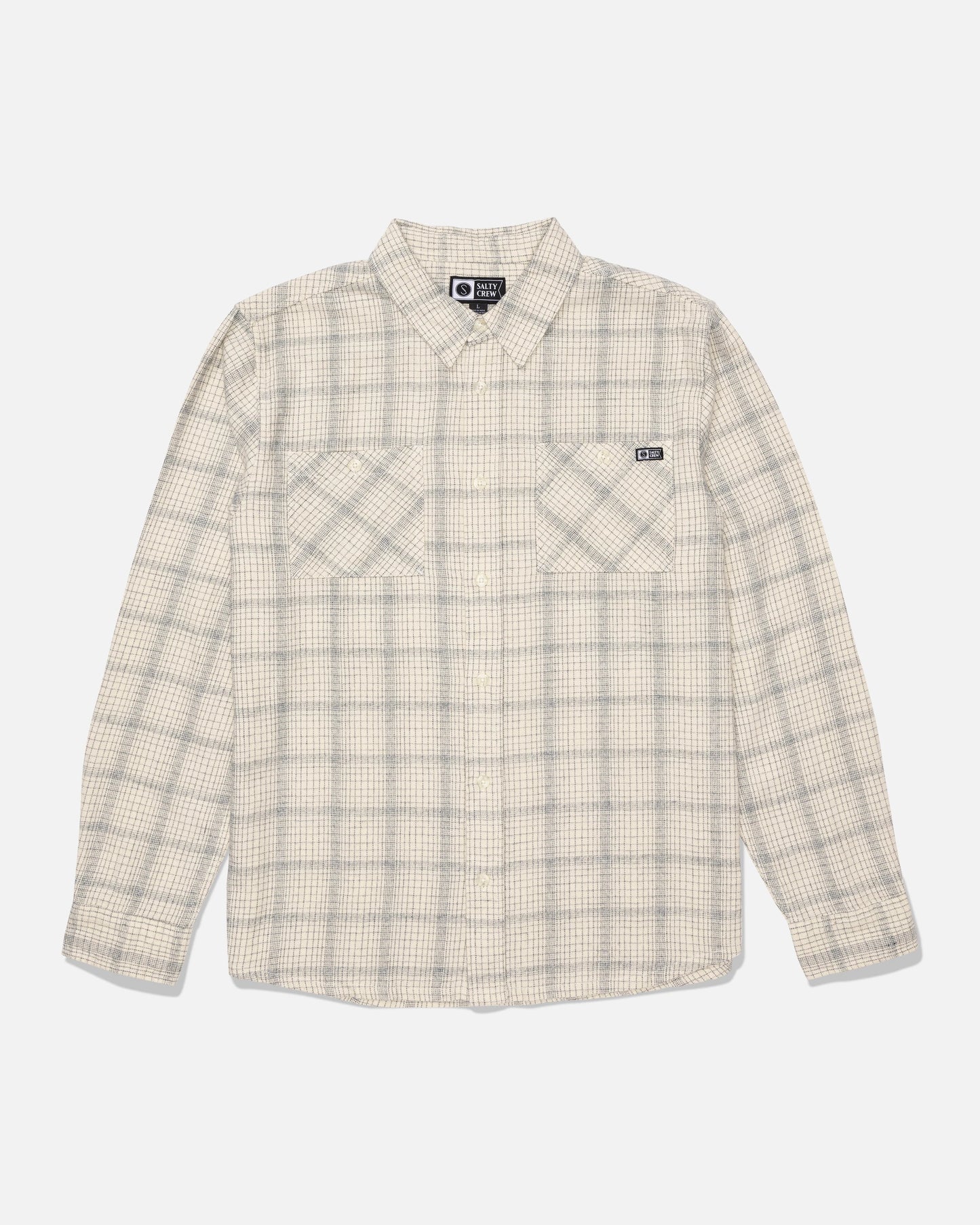 Salty Crew Fine Line Flannel - Birch: Light gray and white plaid long-sleeve cotton twill shirt with two chest pockets and branded buttons, displayed flat on a white background.
