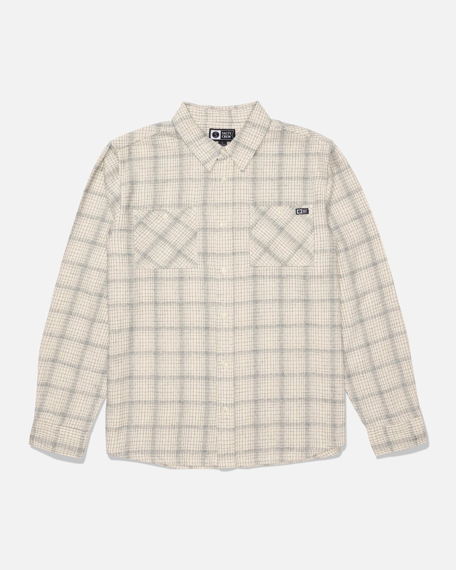 Salty Crew Fine Line Flannel - Birch: Light gray and white plaid long-sleeve cotton twill shirt with two chest pockets and branded buttons, displayed flat on a white background.