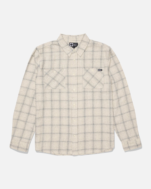Salty Crew Fine Line Flannel - Birch: Light gray and white plaid long-sleeve cotton twill shirt with two chest pockets and branded buttons, displayed flat on a white background.