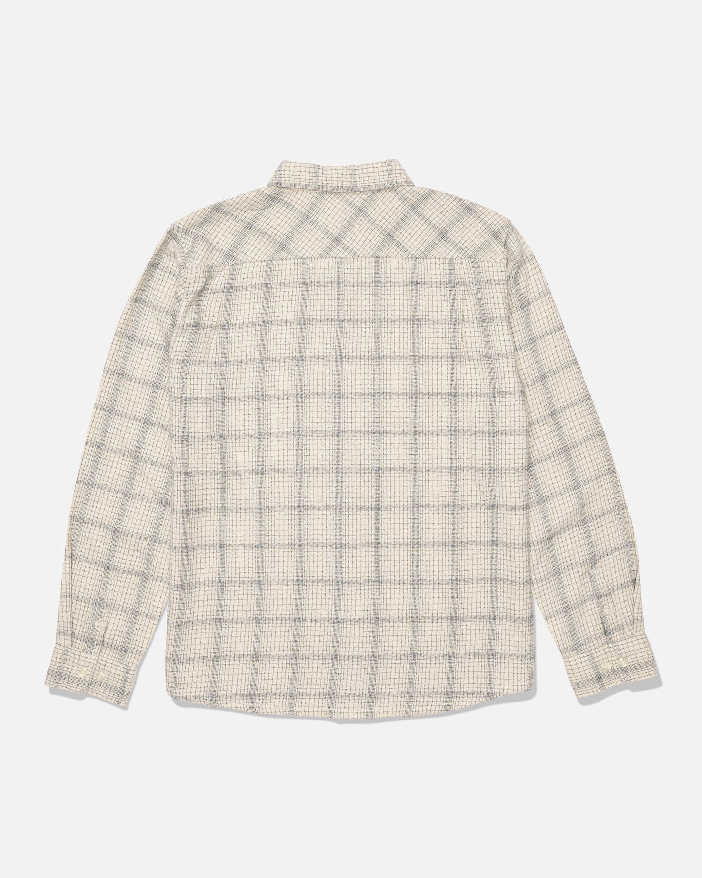 The Salty Crew Fine Line Flannel - Birch, a long-sleeve button-up shirt featuring a light beige and gray checkered pattern in soft cotton twill, is laid flat to display the back side against a white background.