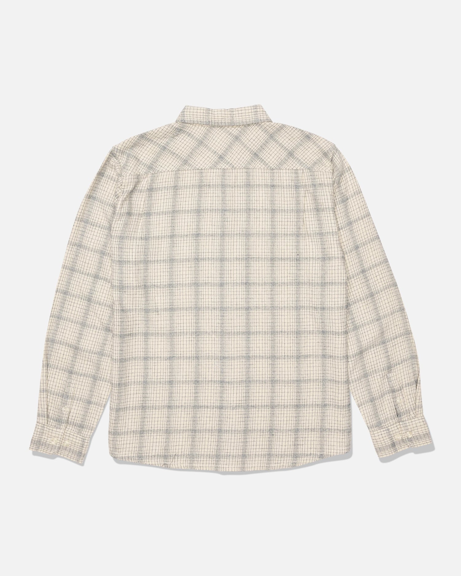 The Salty Crew Fine Line Flannel - Birch, a long-sleeve button-up shirt featuring a light beige and gray checkered pattern in soft cotton twill, is laid flat to display the back side against a white background.