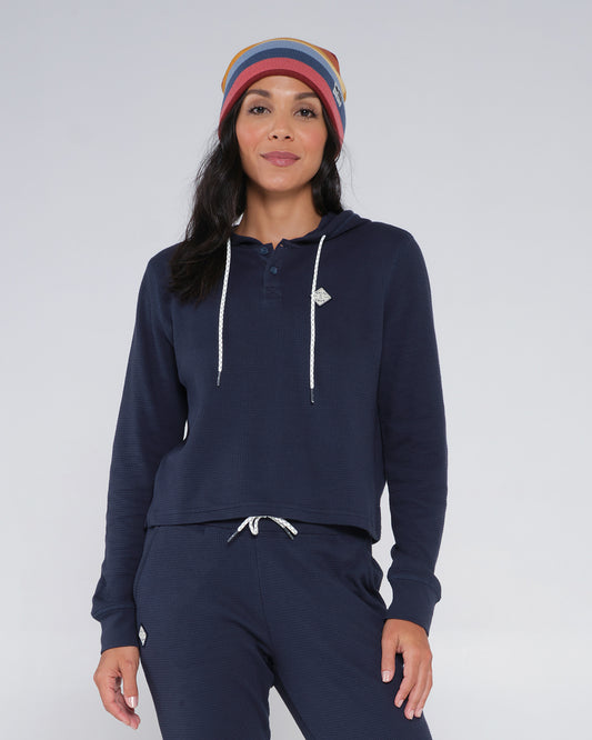 On body front of the Tippet Henley Dark Navy Hoody