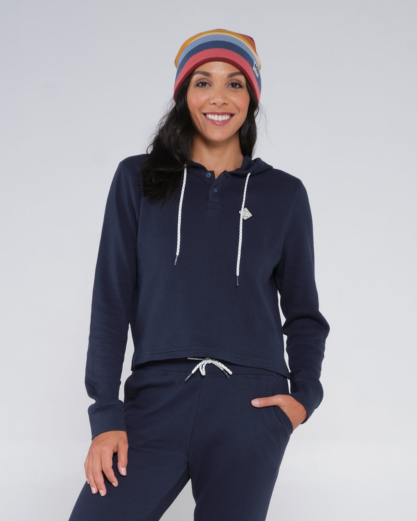 On body front of the Tippet Henley Dark Navy Hoody