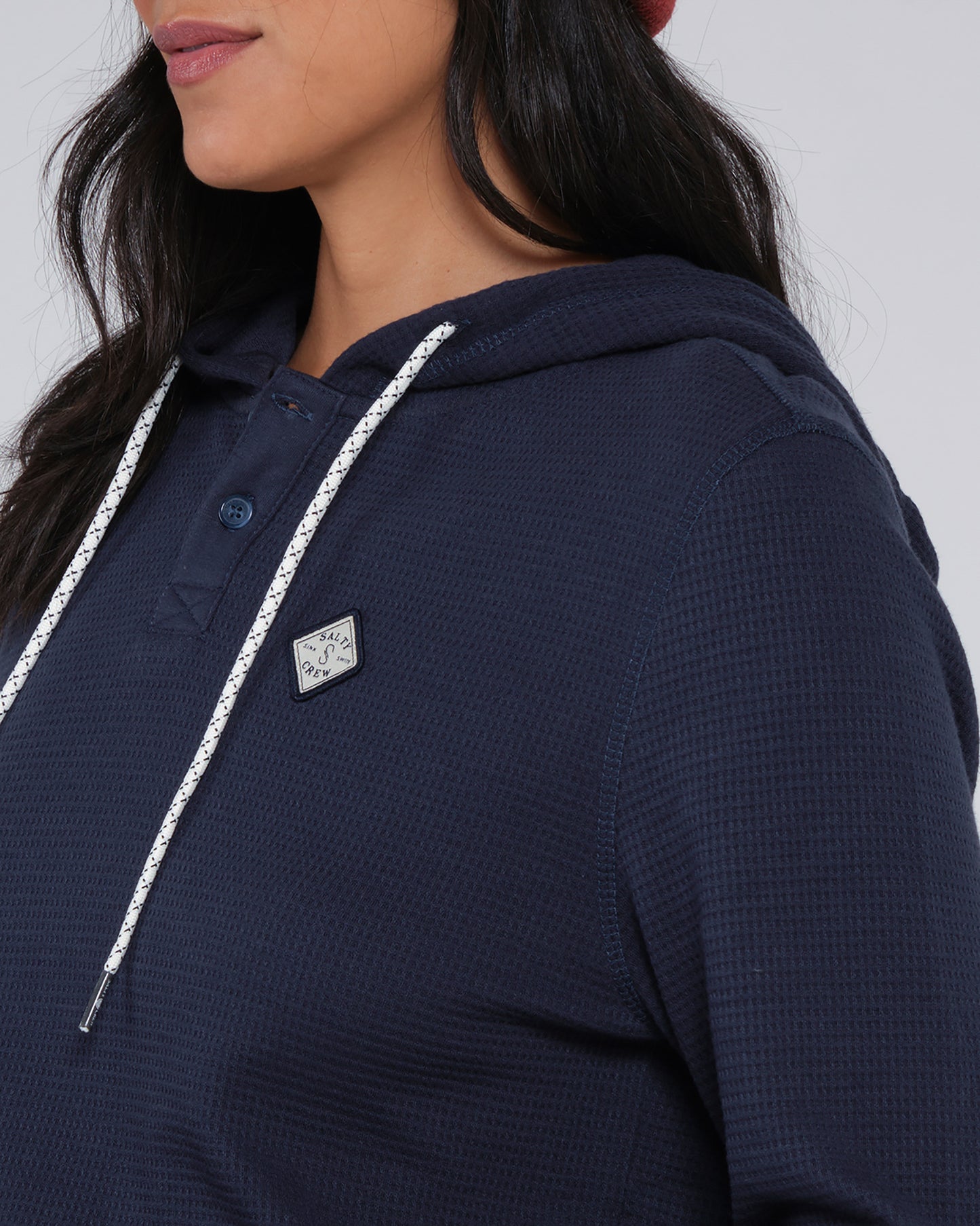 On body close up of the Tippet Henley Dark Navy Hoody