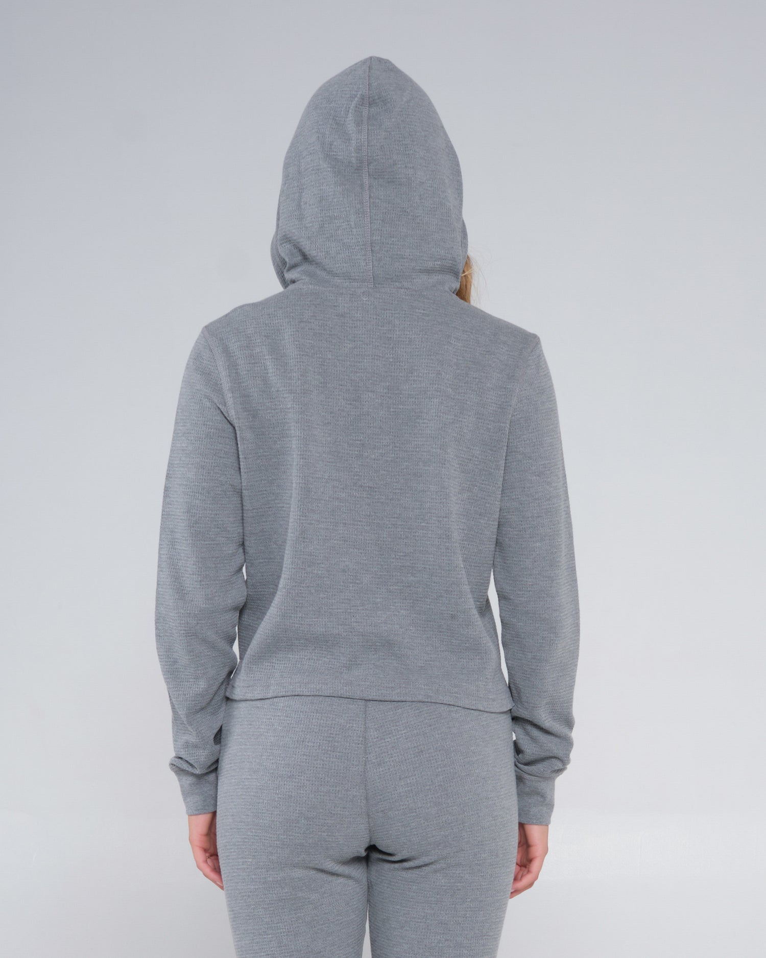 On body back of the Tippet Henley Heather Grey Hoody