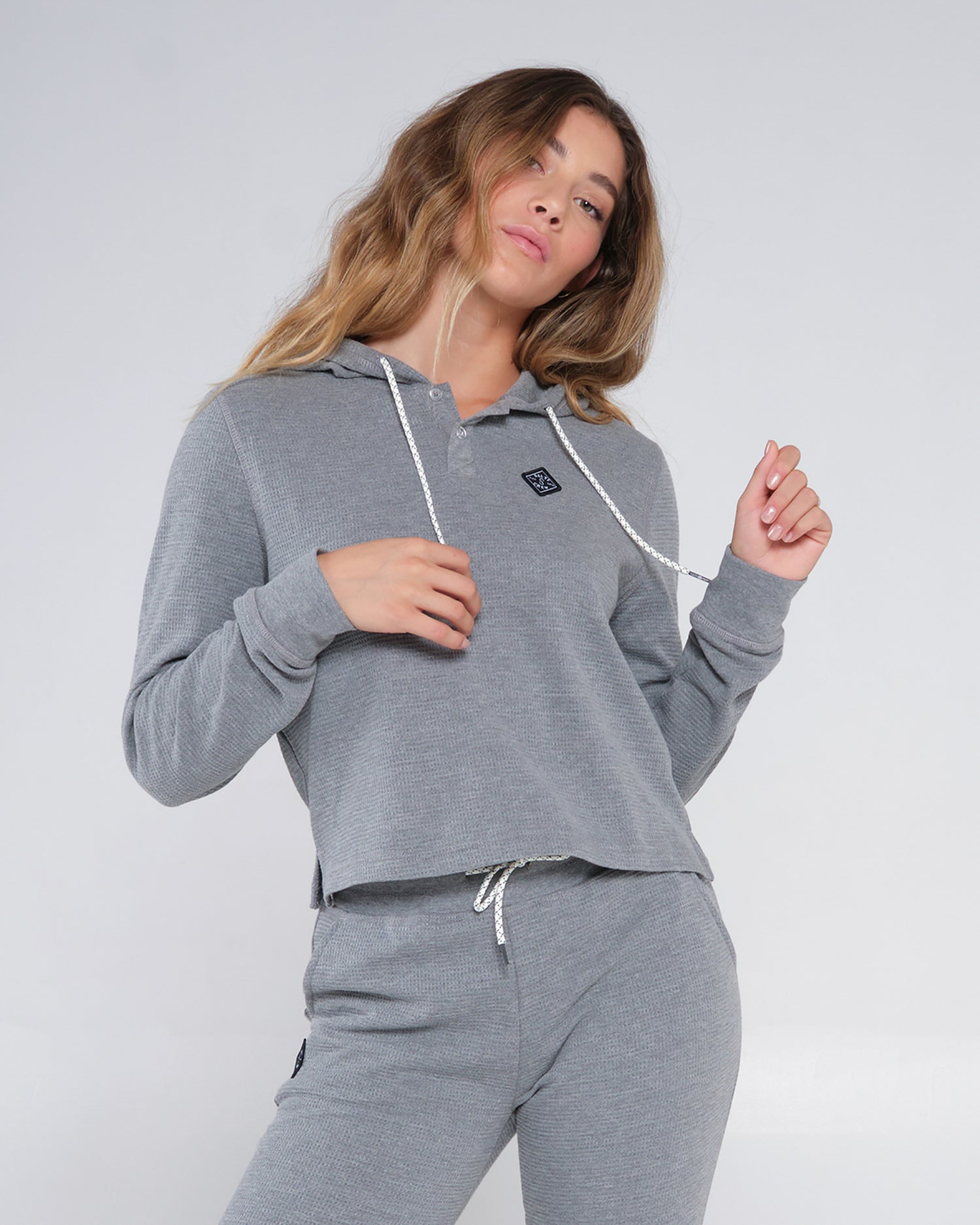 On body front of the Tippet Henley Heather Grey Hoody