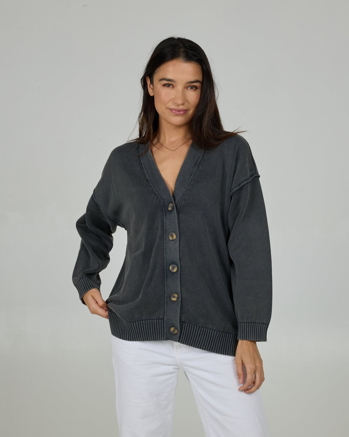 Front view of the Seaside Cardigan - Charcoal. 