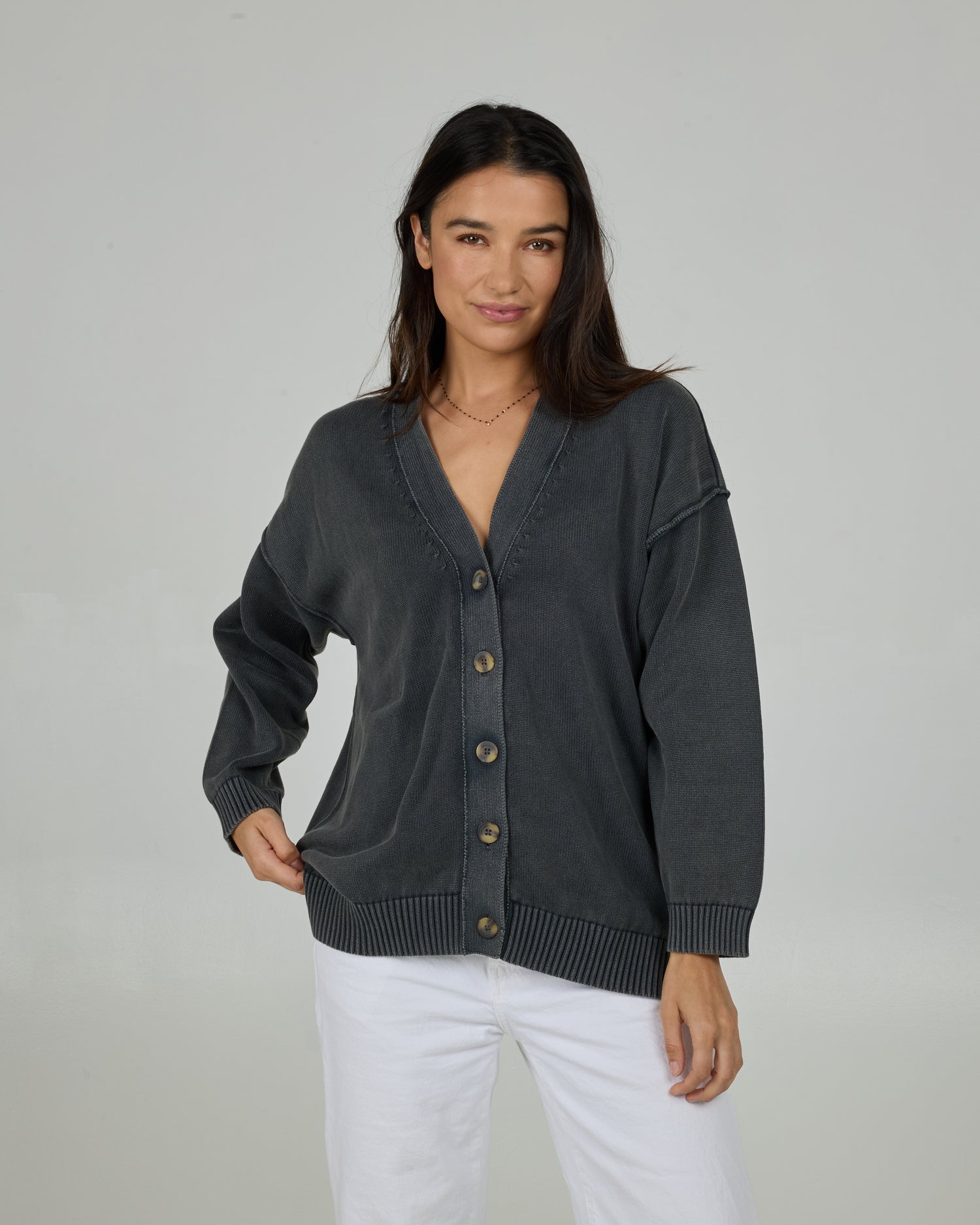 Front view of the Seaside Cardigan - Charcoal. 