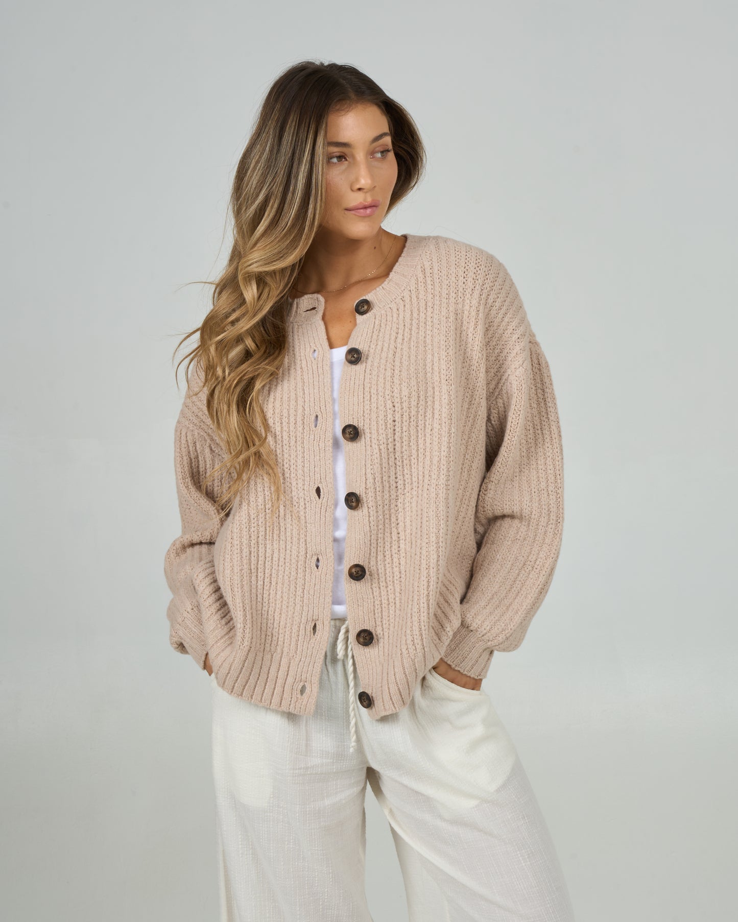 Front view of the Mariner Cardigan - Oatmeal. 