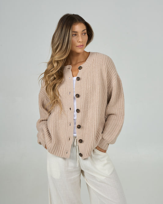 Front view of the Mariner Cardigan - Oatmeal. 