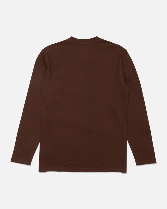 Back view of brown Cast Off long sleeve thermal with ribbed collar