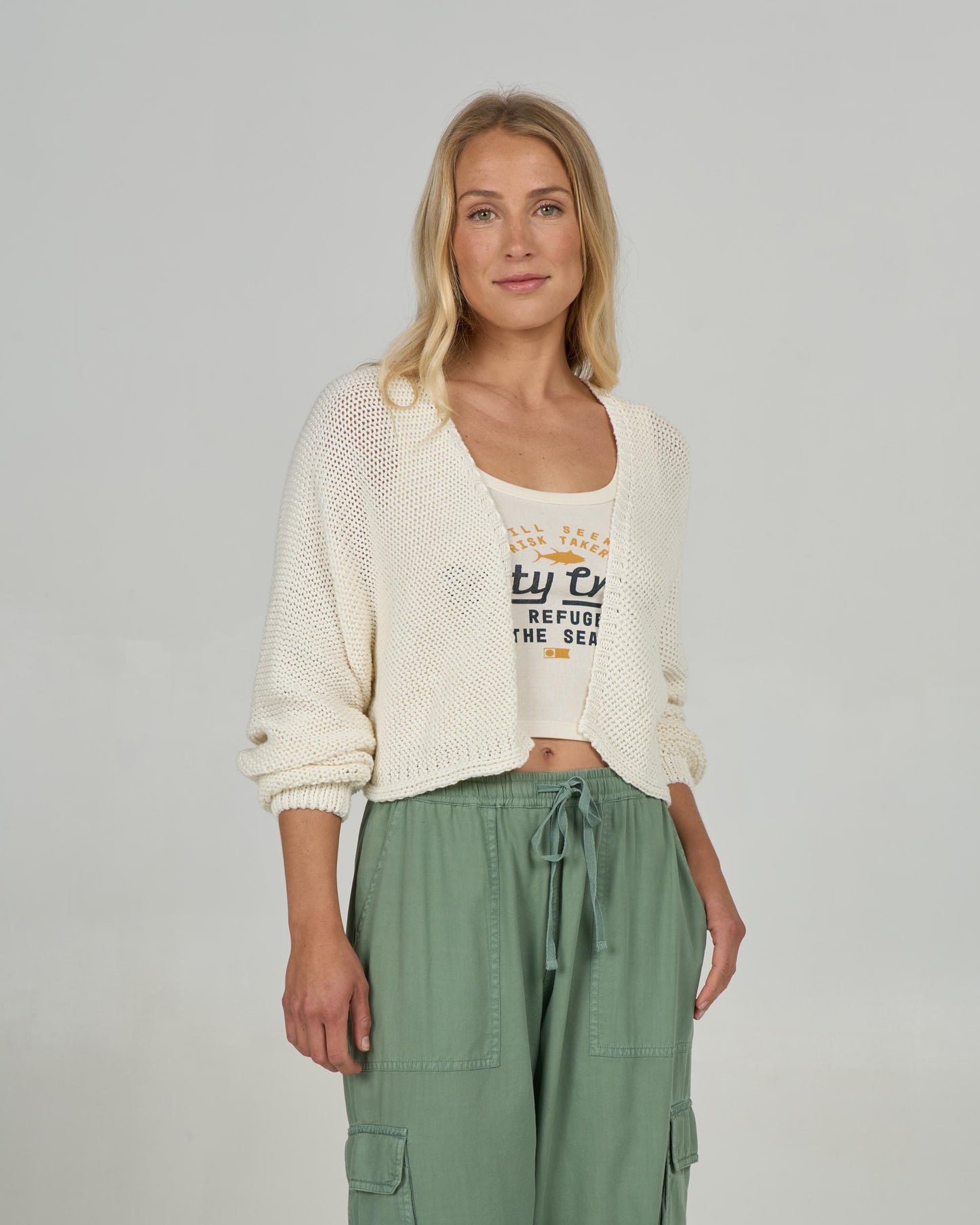 Front view of the Navigator Cardigan - Off White. 