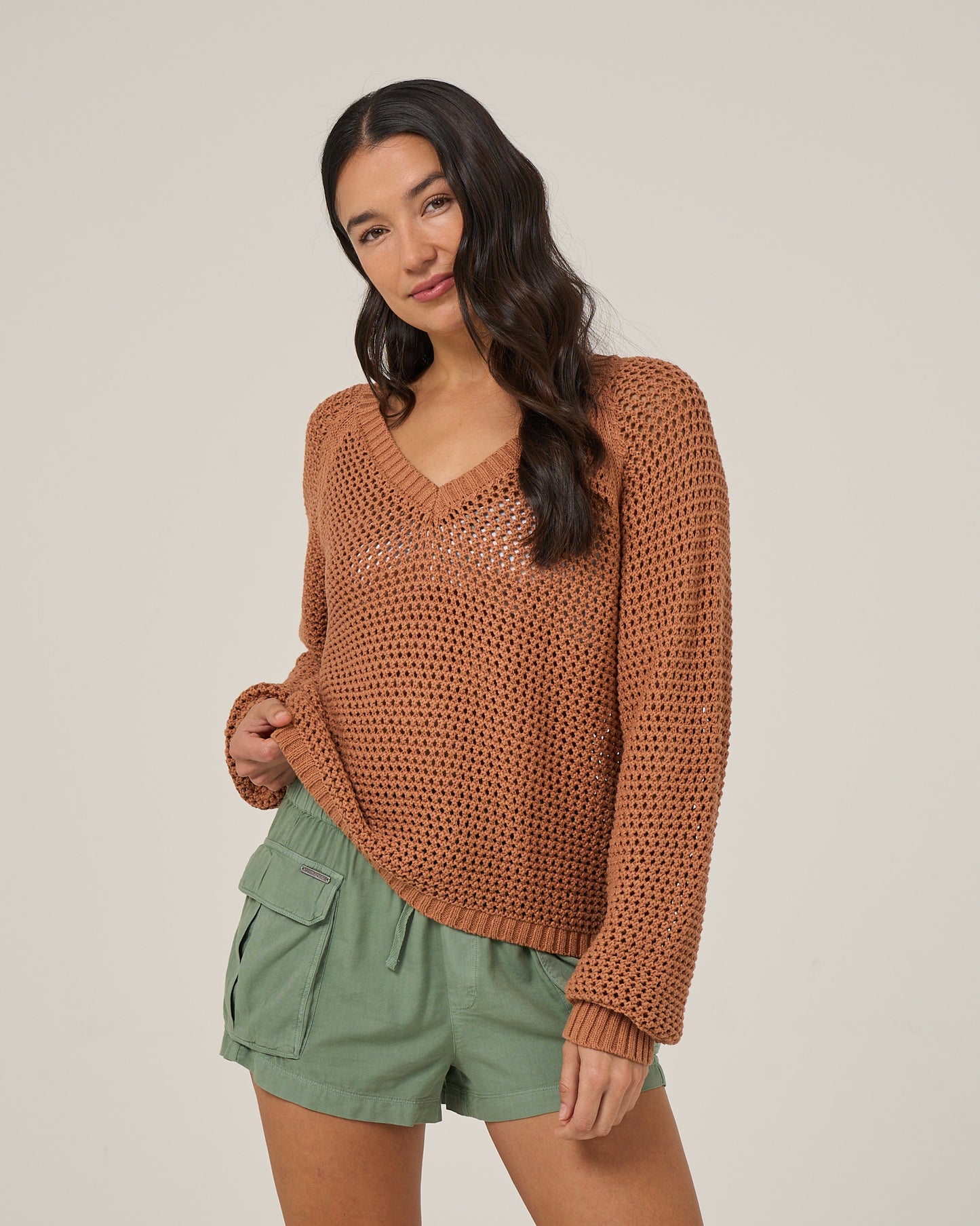Front view of the Surge Sweater - Mocha. 