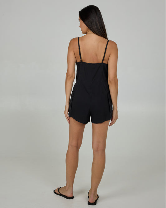 Back view of the Driftwood Romper - Black. 