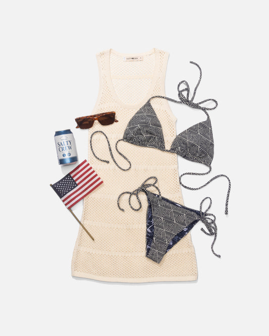 Alternate front view of the Sailing Geo Tie Side Bikini Bottom - Dark Navy. 