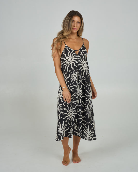 Front view of the Sunrise Midi Dress - Black. 