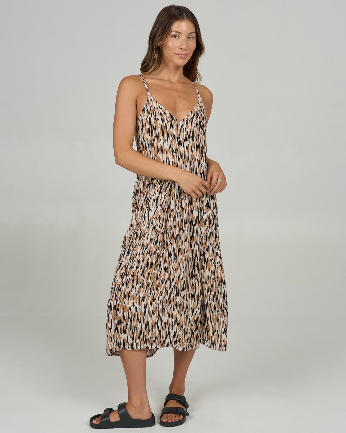 Front view of the Dreamland Midi Dress - Sand Bar. 