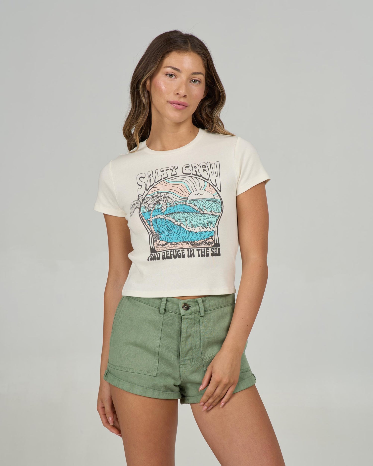 Front view of the Keyhole Baby Tee - Off White. 