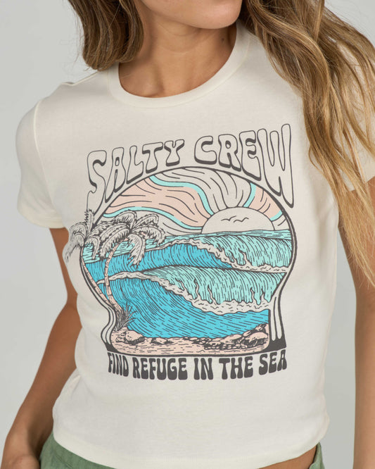 Close up front view of the Keyhole Baby Tee - Off White. 