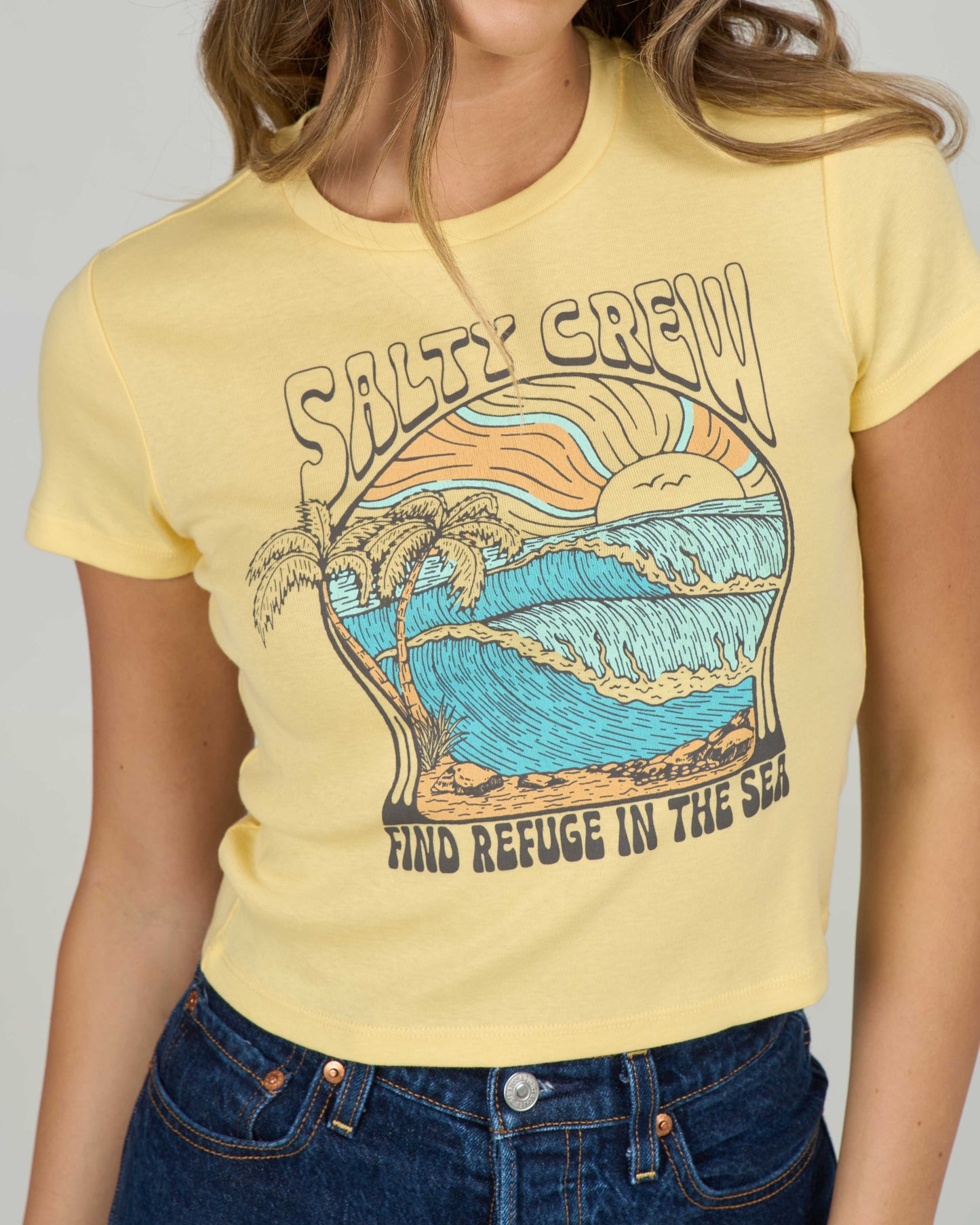 Close up front view of the Keyhole Baby Tee - Sunshine.