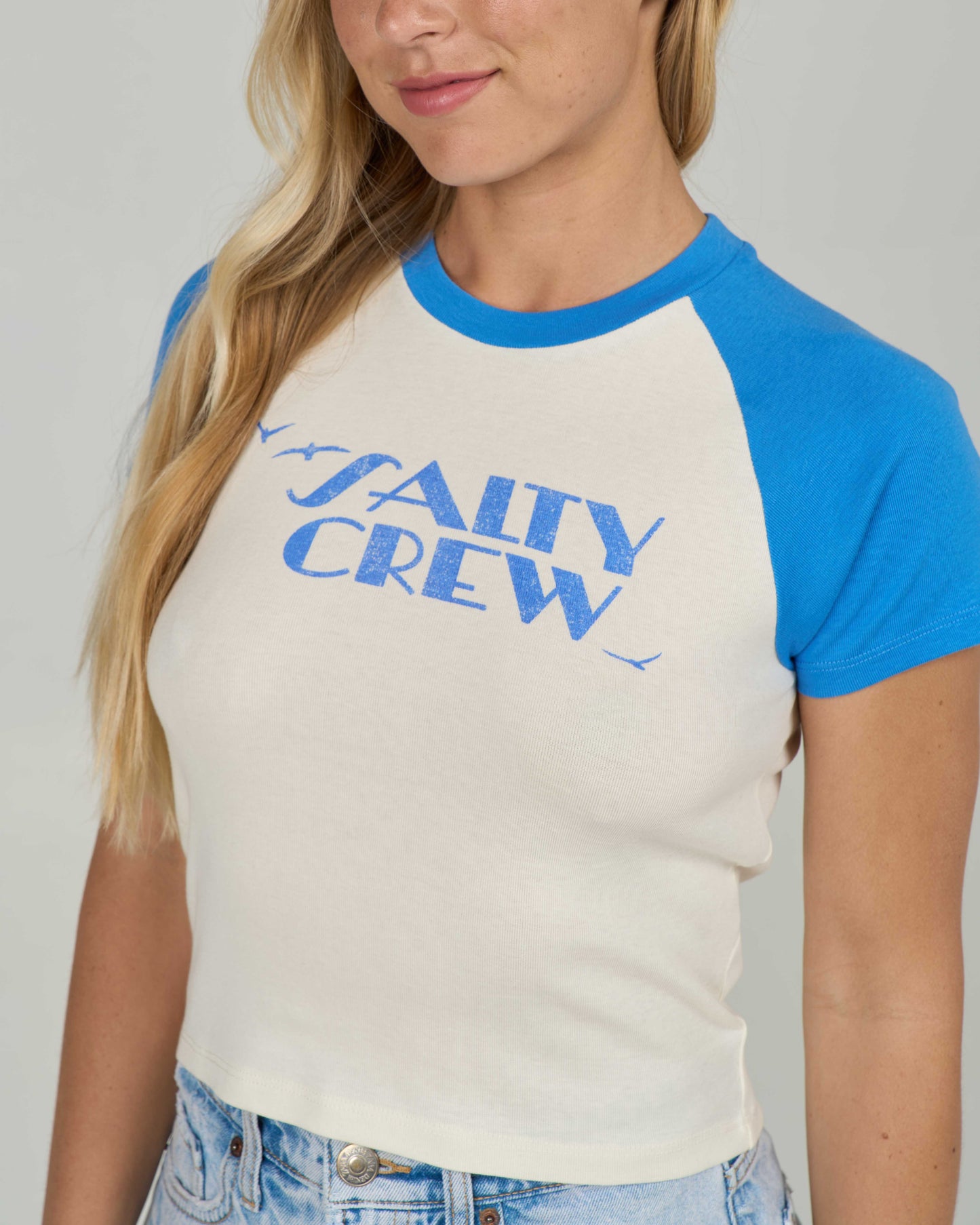 Close up front view of the Sailor Delight Raglan Tee - Bold Blue.