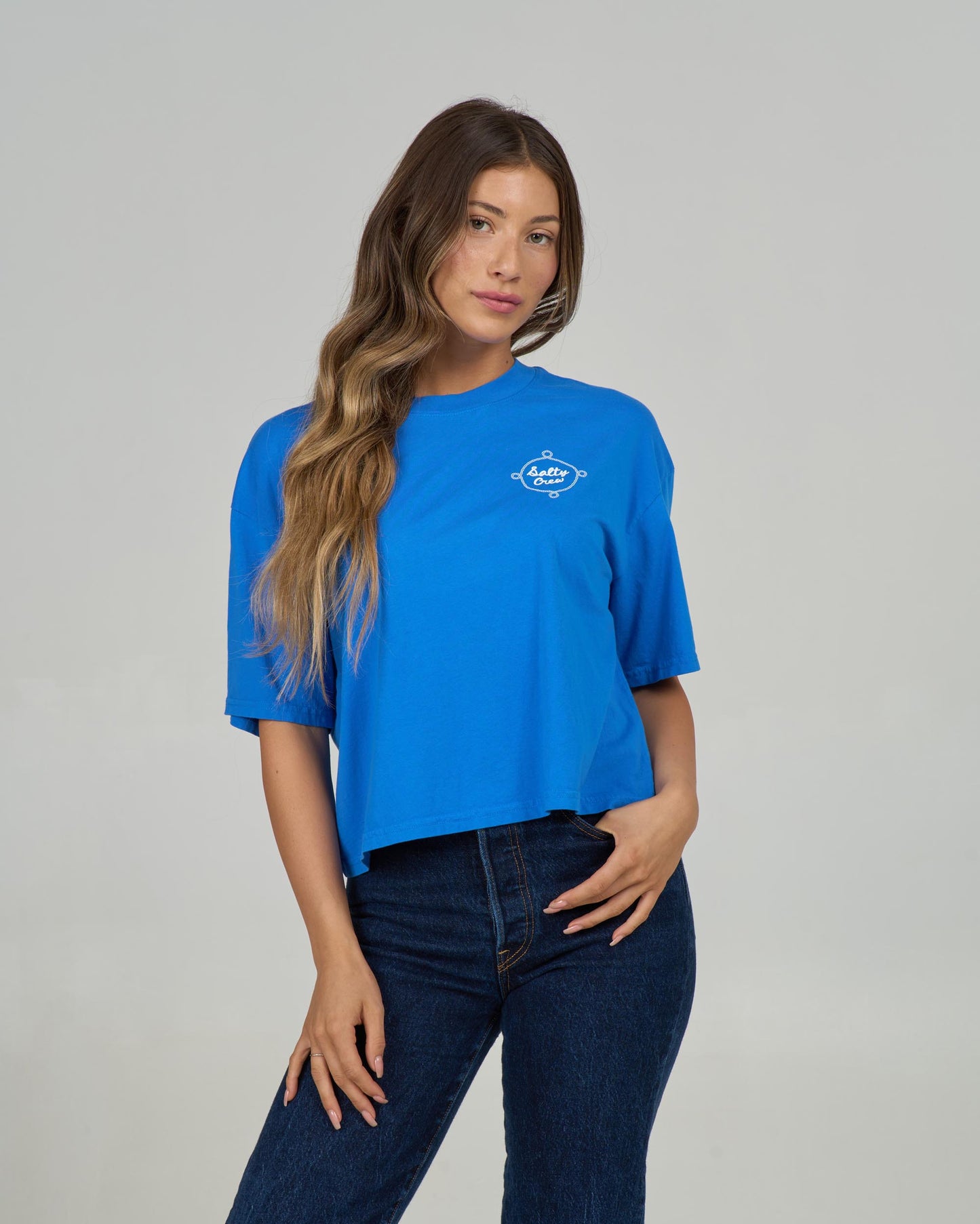 Front view of the Shellbrate Skimmer Tee - Bold Blue. 