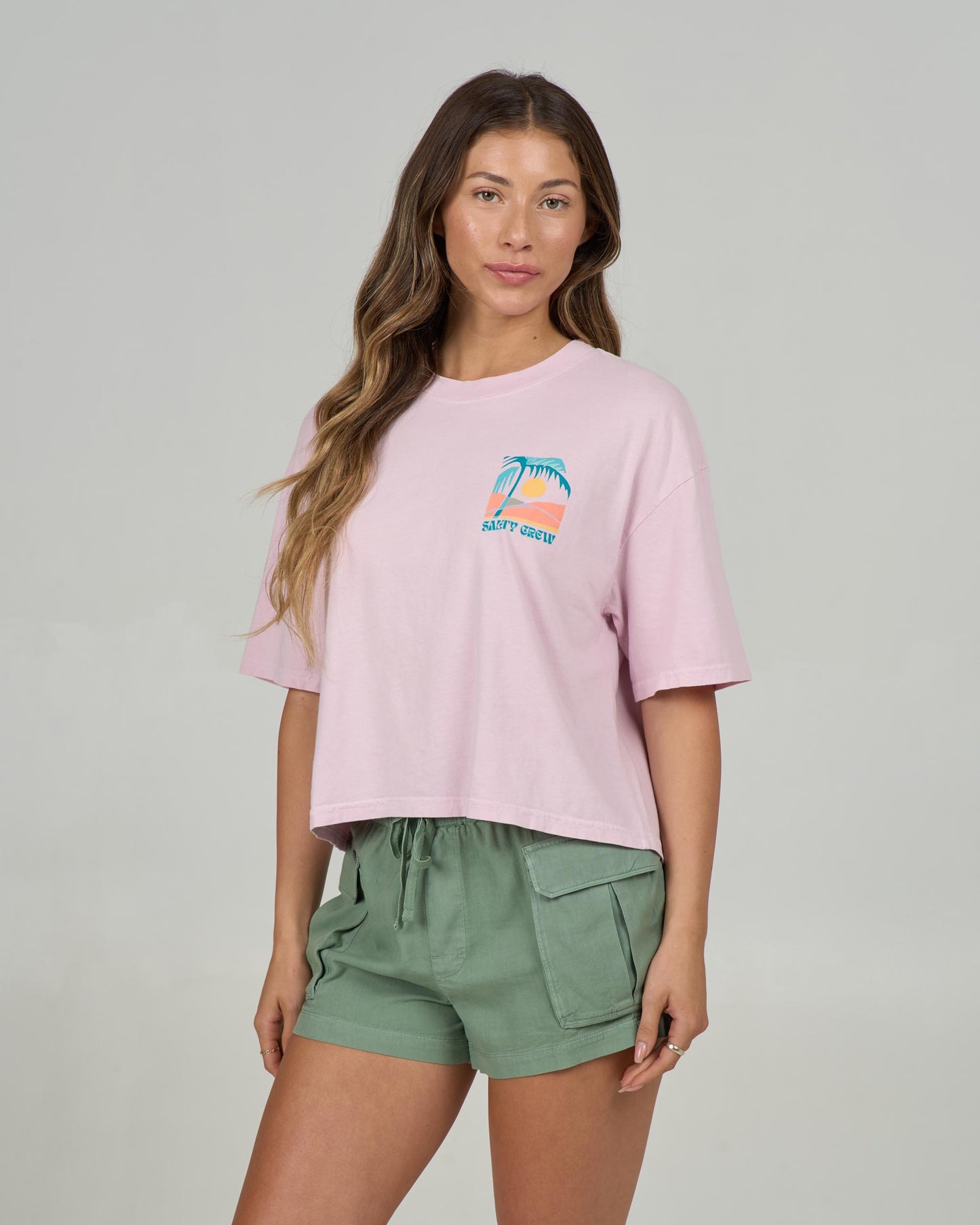 Front view of the Travel Far Skimmer Tee - Pink Skies. 