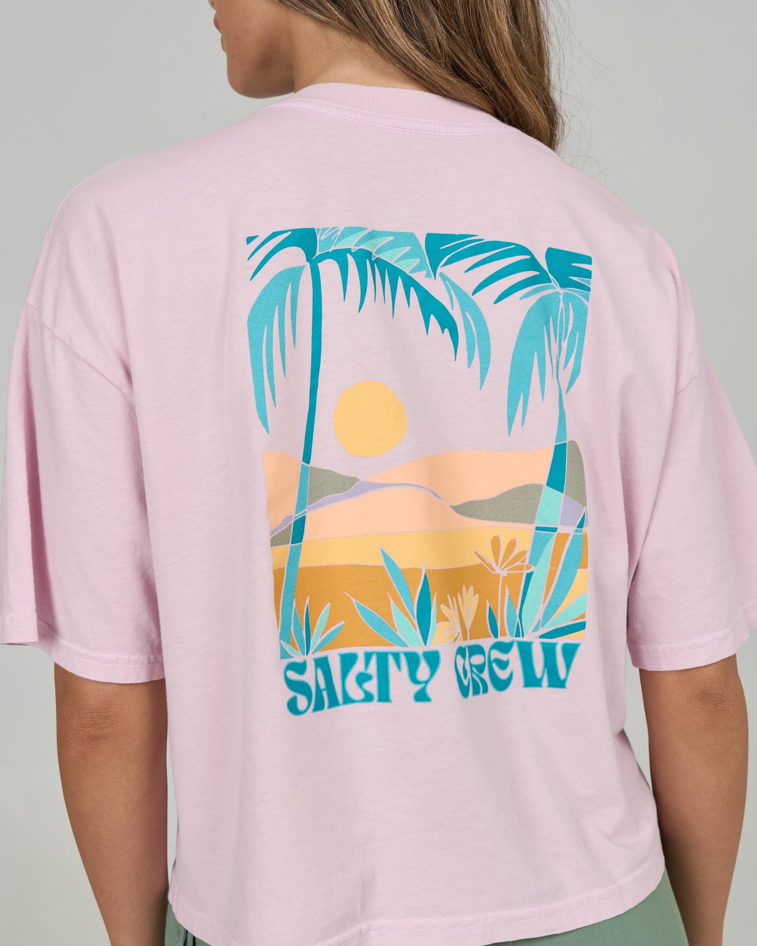 Close up back view of the Travel Far Skimmer Tee - Pink Skies. 