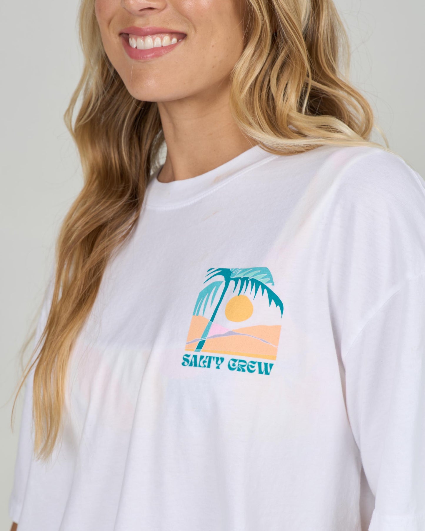 Close up front view of the Travel Far Skimmer Tee - White. 