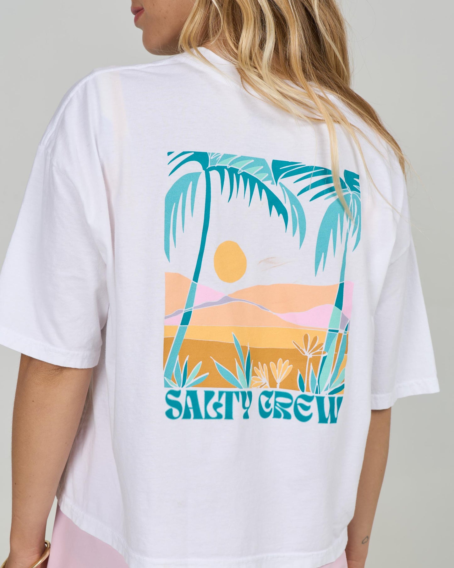 Close up back view of the Travel Far Skimmer Tee - White. 